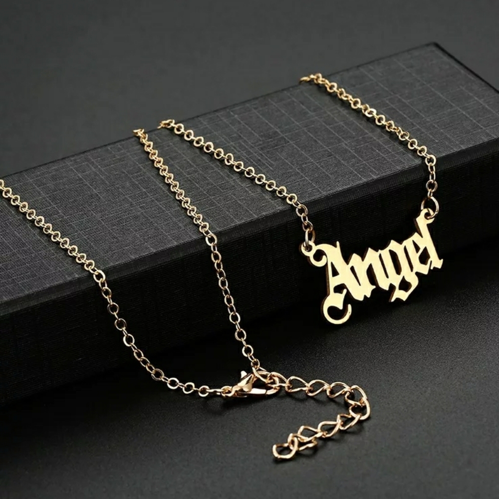 Gold ANGEL Old English Word Pendant Necklace Statement Chain Message Jewelry